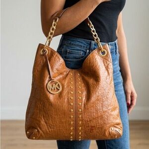 Michael Kors Luxe Studded Leather Hobo Bag - Brown Bohemian Chic Oversized NWT